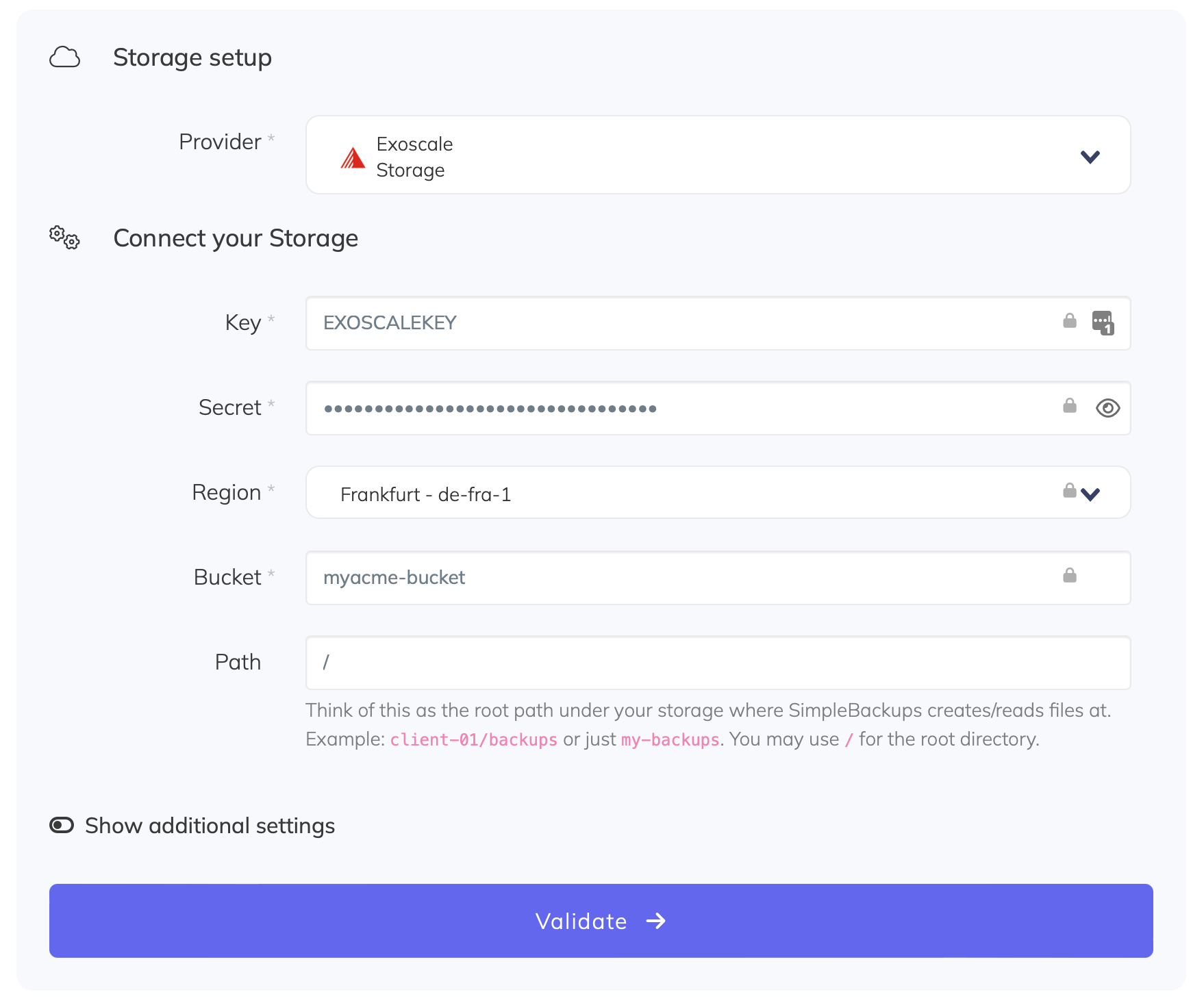 Connect Exoscale storage to SimpleBackups