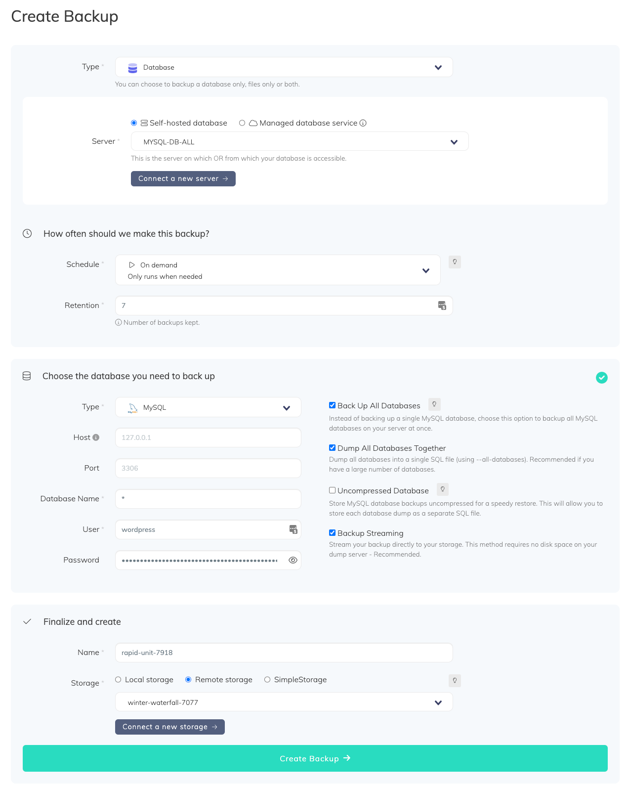 Configuration form, for a PostgreSQL database backup