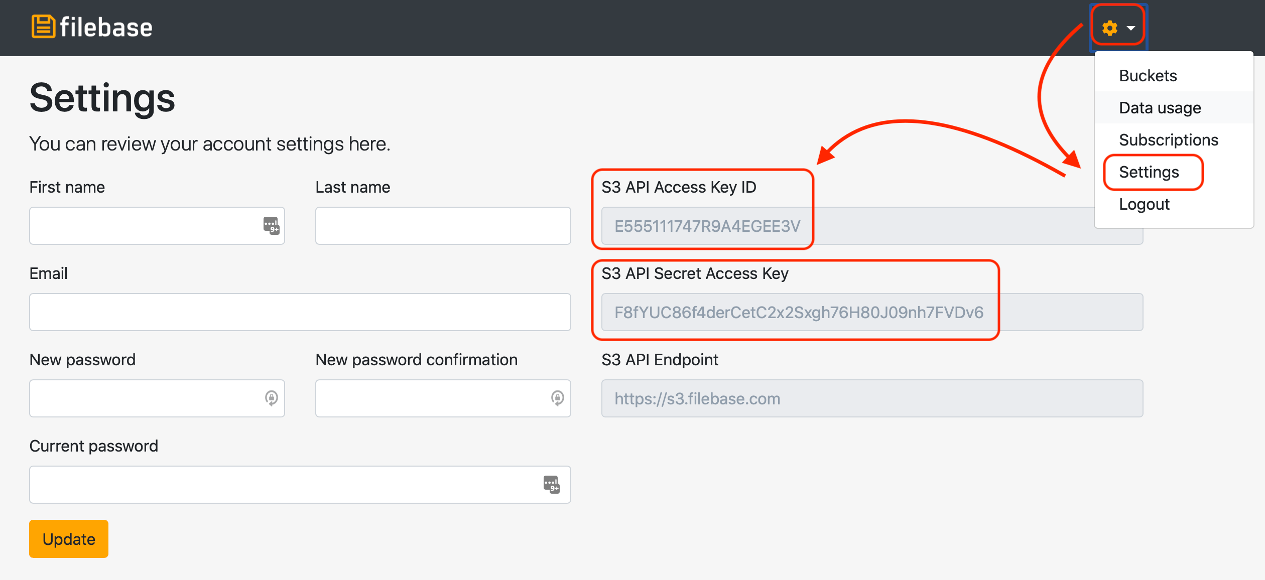 filebase credentials - SimpleBackups