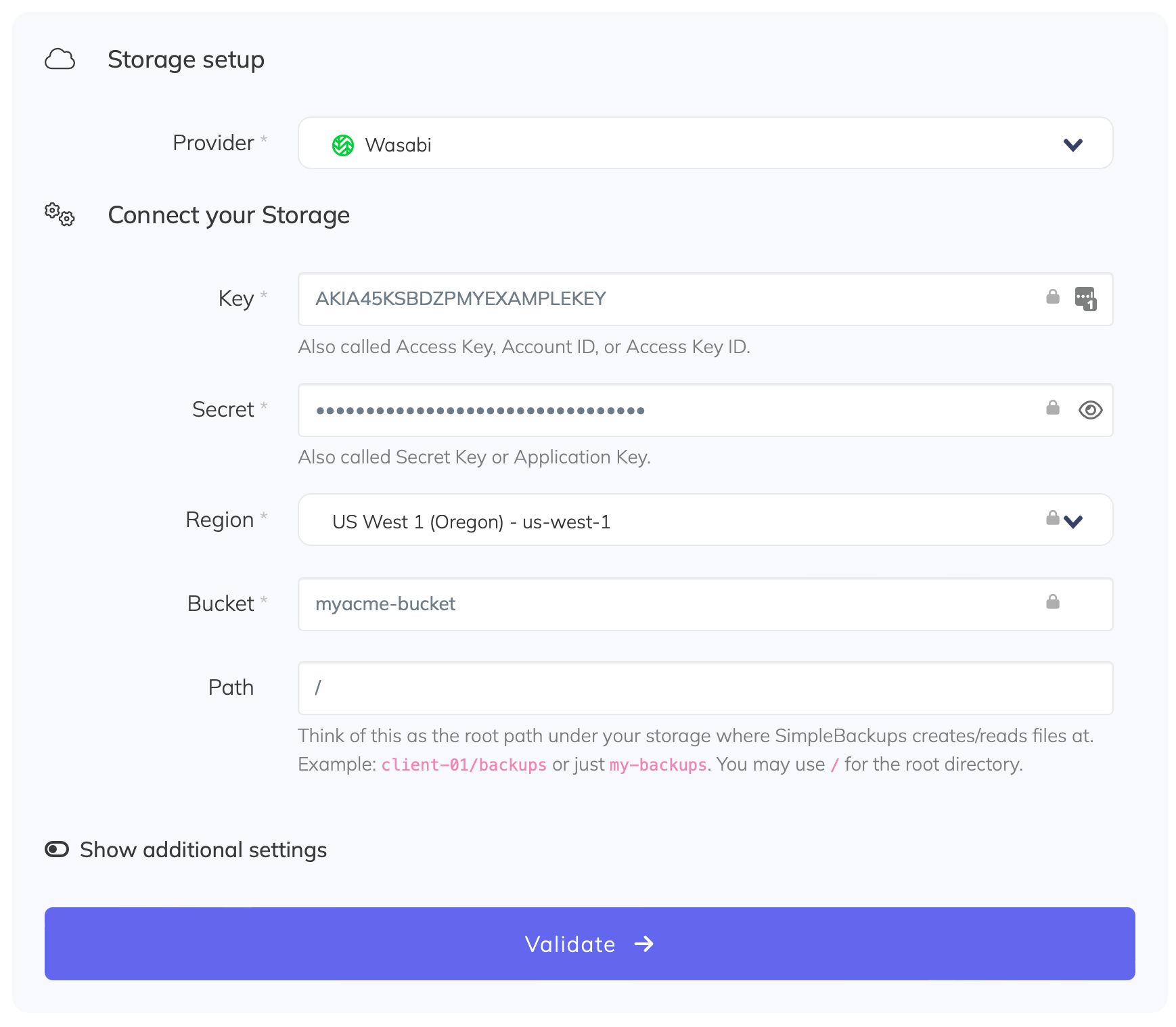 Connect  Wasabi storage to SimpleBackups