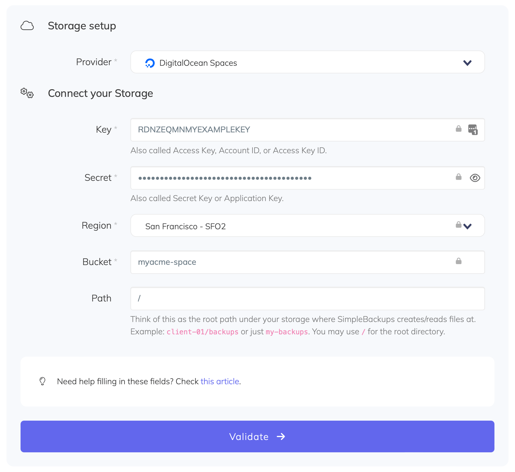 Connect  DigitalOcean storage to SimpleBackups