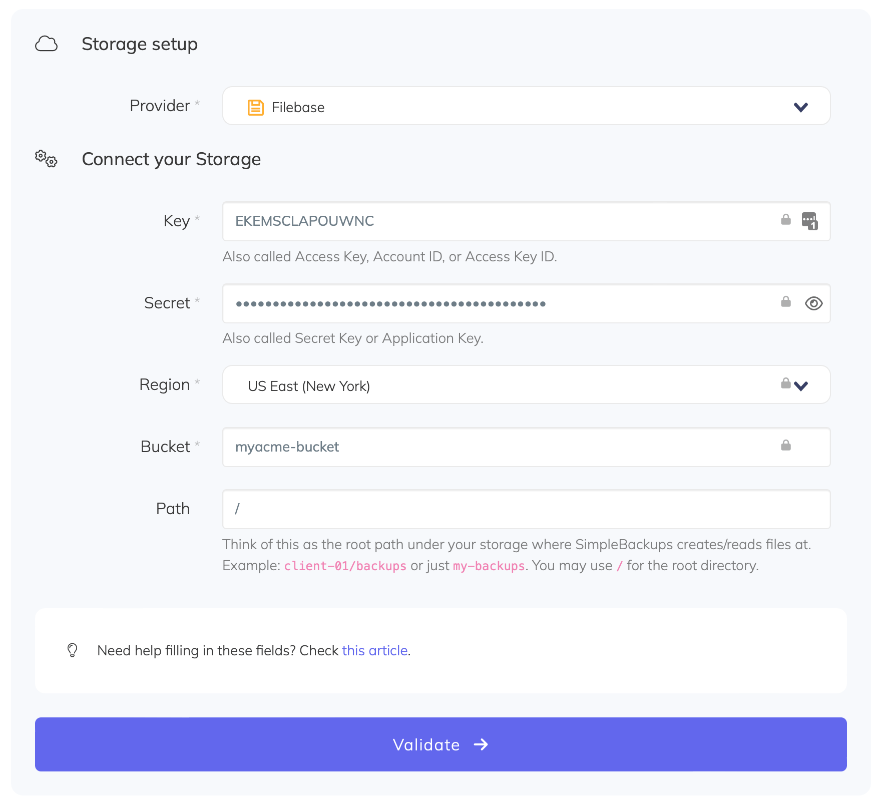 Connect Filebase bucket to SimpleBackups