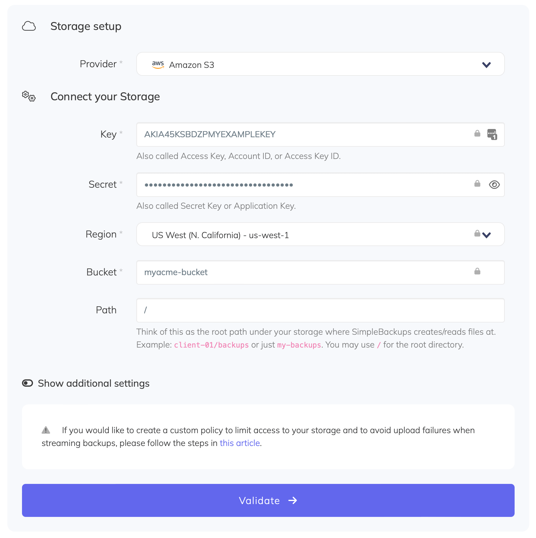 Connect AWS S3 bucket to SimpleBackups