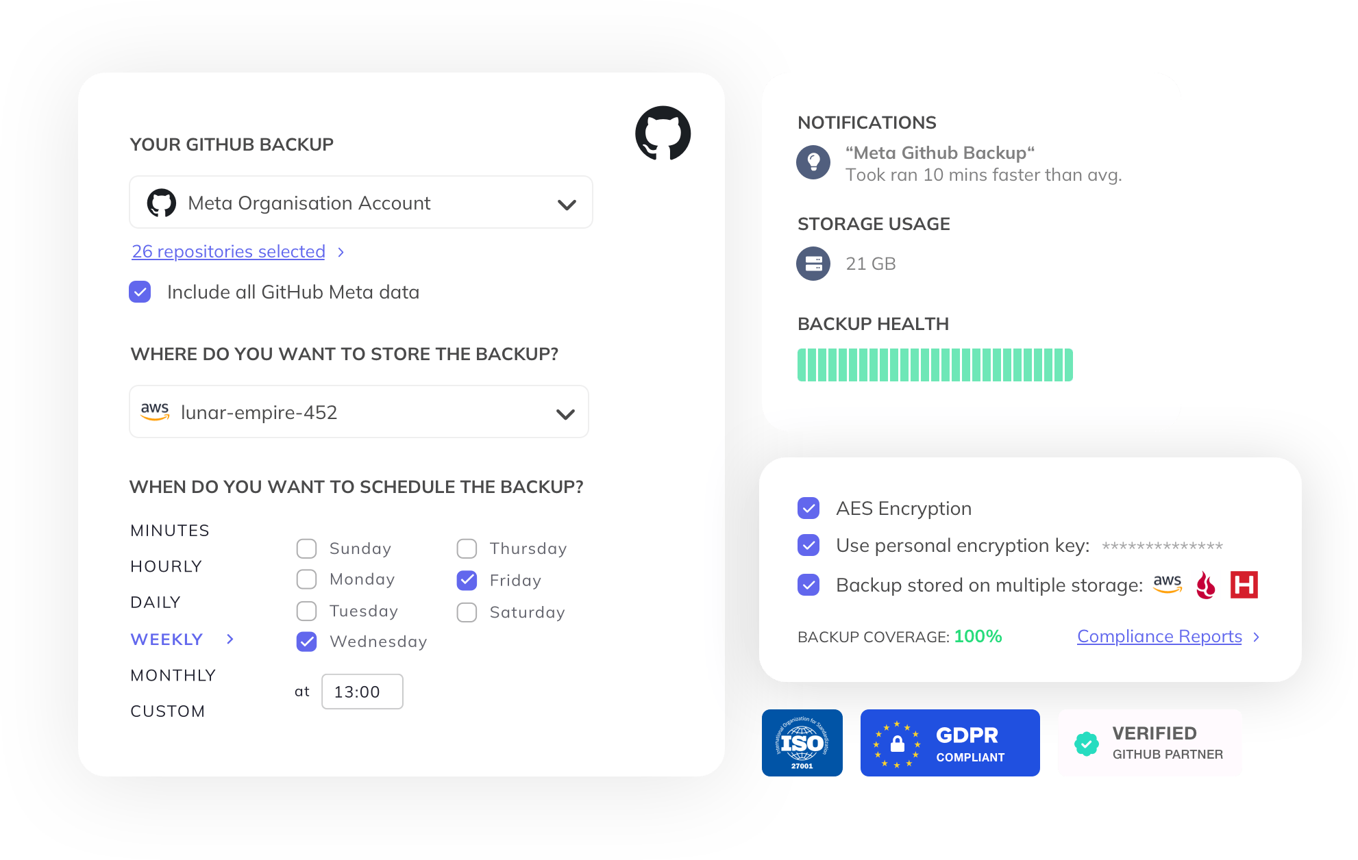 SimpleBackups GitHub backup dashboard: scheduled GitHub Backups